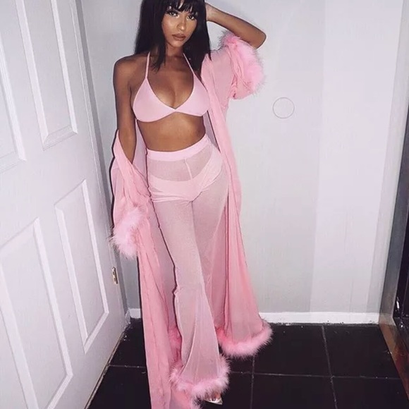 Sheer Barbie pink bell bottom faux fox fur trim pants sexy sexy rave festival - Picture 3 of 3